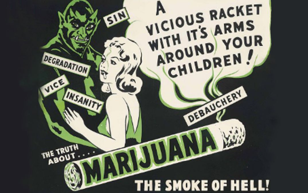 The devil stands with a beautiful woman and says marijuana is a vicious racket with its arms around your children, the smoke of hell, sin, degradation, vice, insanity