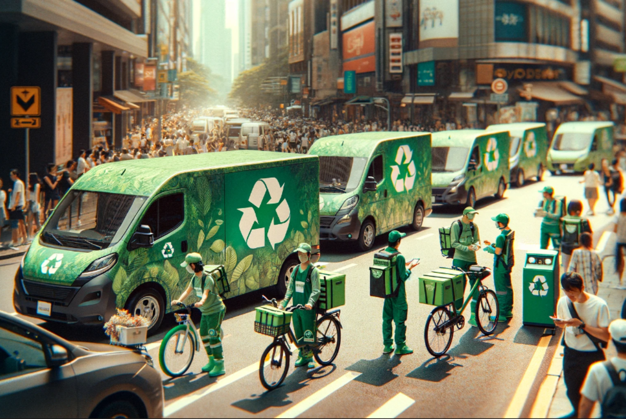 A convoy of eco friendly delivery vans and bicycle delivery drivers fill the streets of a busy city